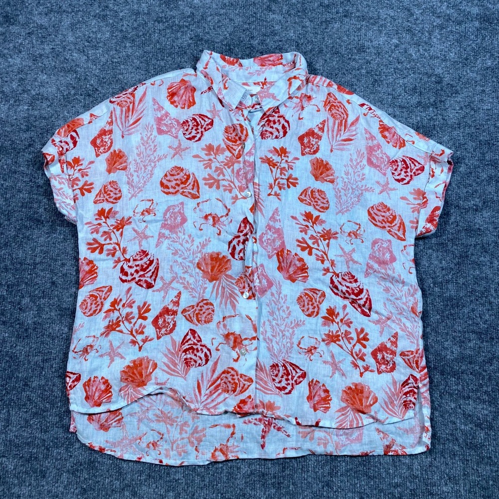 C&C‎ California Womens Small 100% Linen Coastal Seashell Button Down Shirt Coral